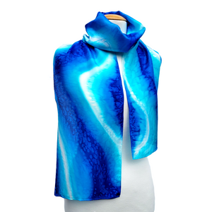 hand painted long silk scarf blue turquoise color handmade by Lynne Kiel