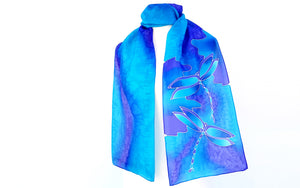 scarf dragonfly dragonflies hand painted blue purple turquoise silk
