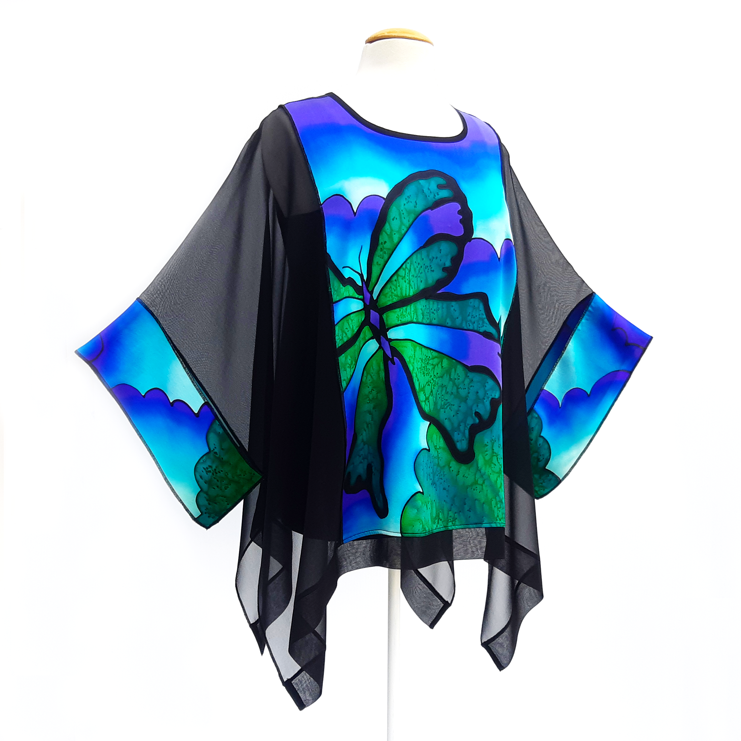 plus size long top for women painted silk green butterfly art made in Canada by Lynne Kiel