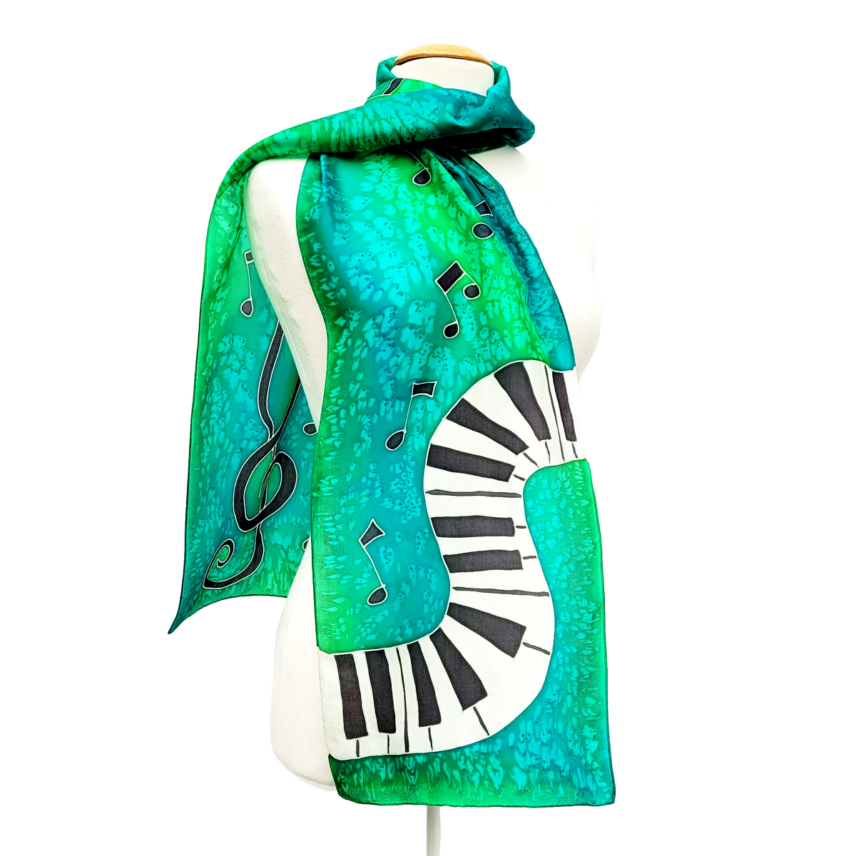 ELECTRIC GREEN Hand Painted Silk Piano Scarf Treble Clef Music Notes electric-green-hand-painted-silk-piano-scarf-treble-clef-music-notes