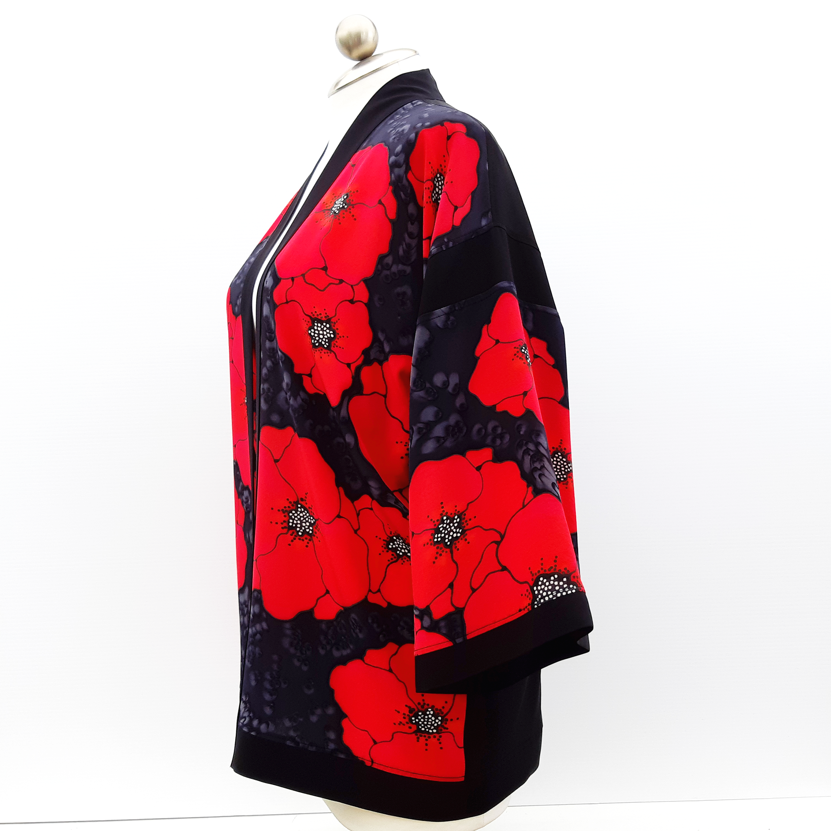 Silk kimono jacket Red poppy design art handmade in Canada by Lynne Kiel