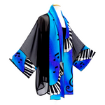 Load image into Gallery viewer, silk clothing one size women&#39;s kimono jacket hand painted piano music art design hand made by Lynne Kiel 
