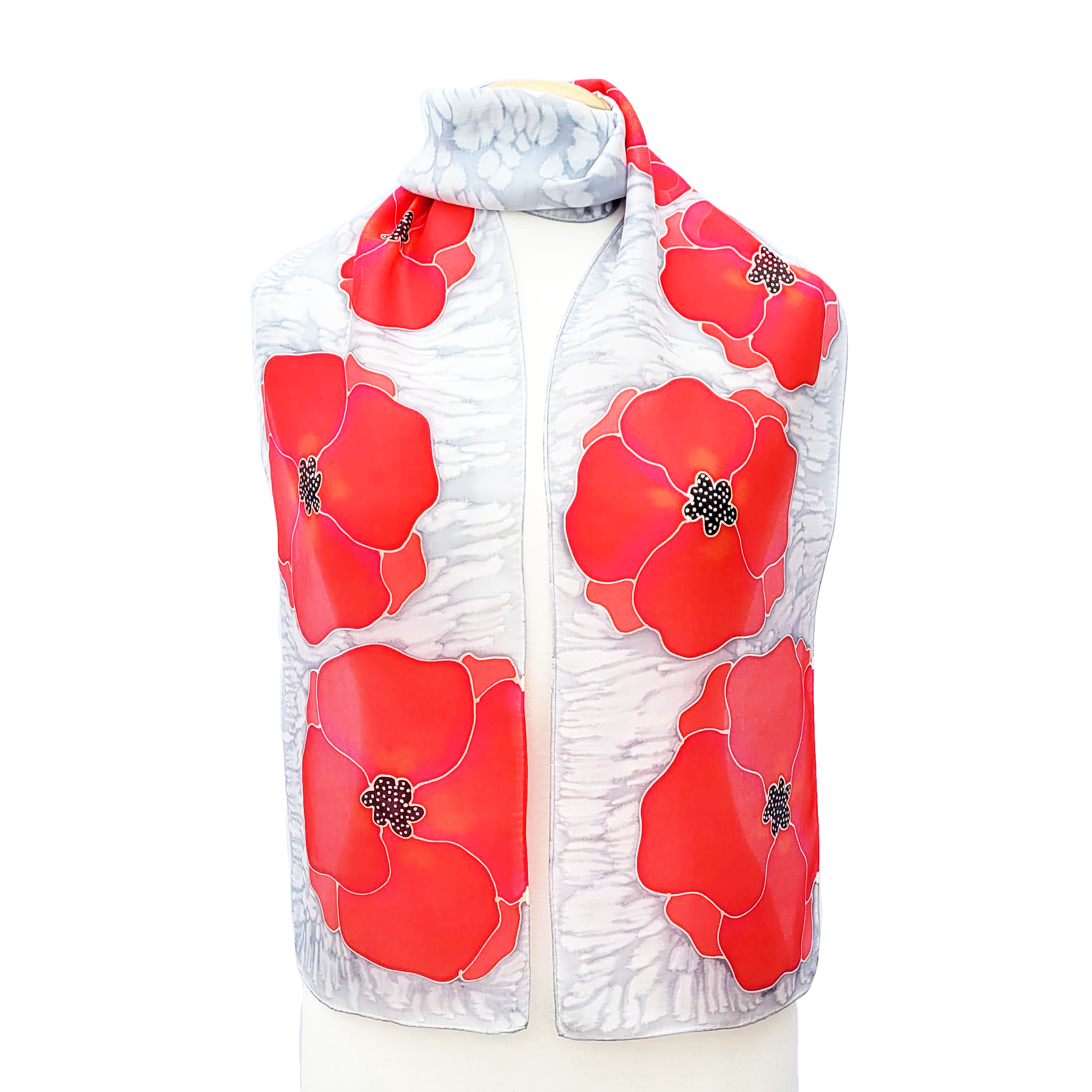 hand painted silk scarf red poppy flower art design made in Canada by Lynne Kiel