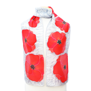 hand painted silk scarf red poppy flower art design made in Canada by Lynne Kiel