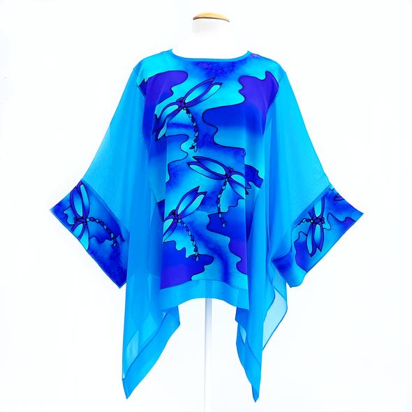 turquoise blue dragonfly hand painted silk art design one size ladies caftan top