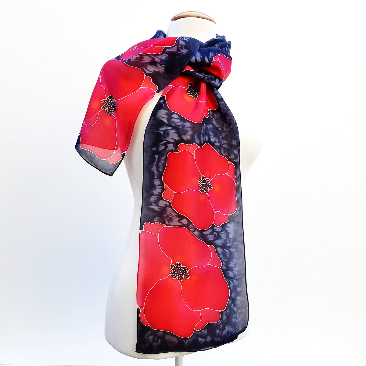 Red poppy long scarf on black