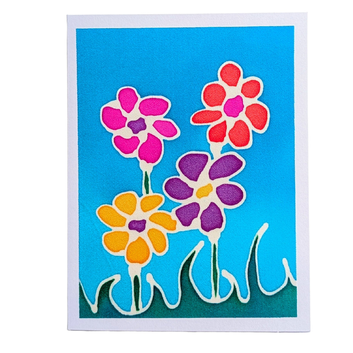 A HAND PAINTED PURE SILK ORIGINAL  art  card GREETING CARD featuring a colorful abstract floral design with four stylized flowers in pink, red, yellow, and purple on a bright blue background, bordered by a white margin.