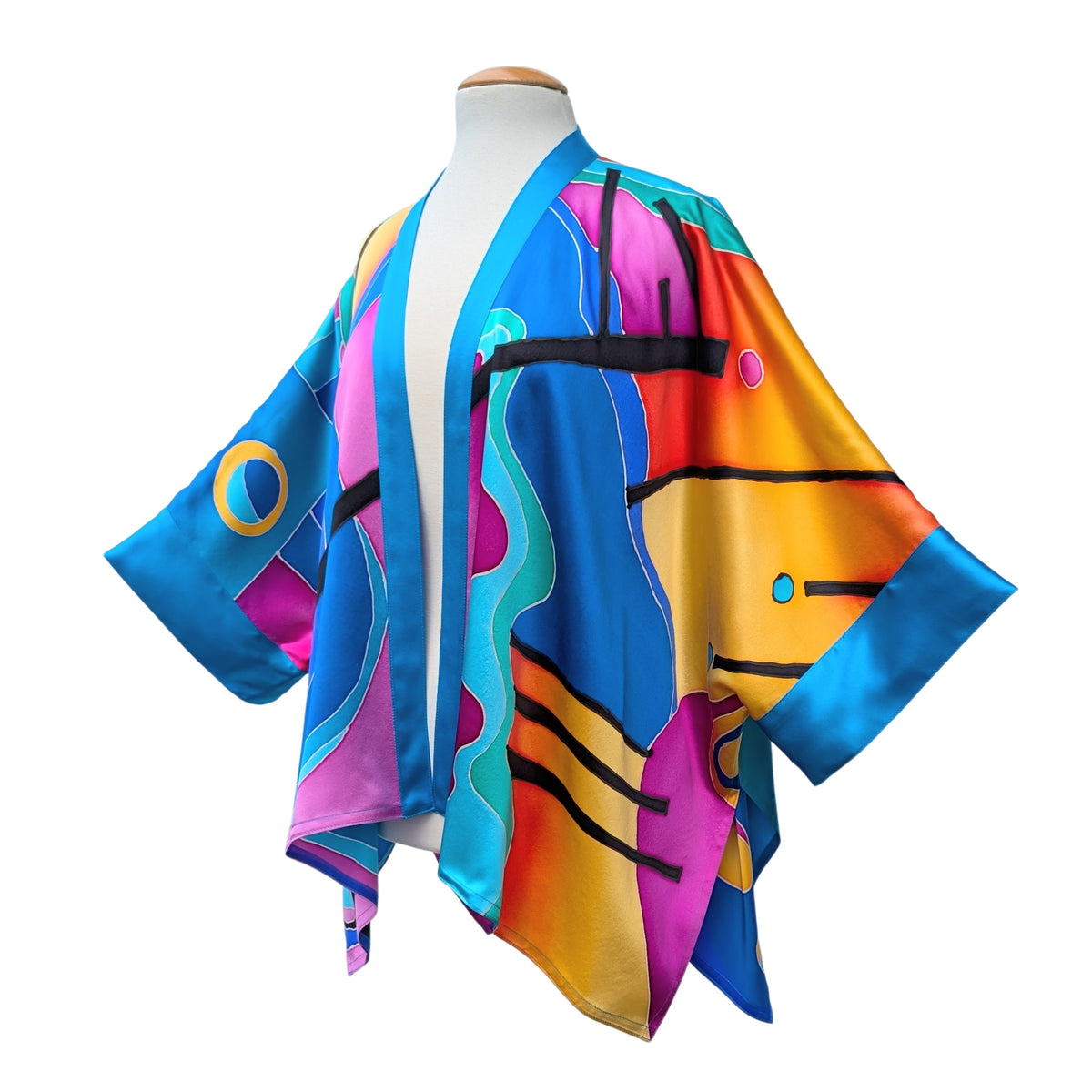 Pure Silk colorful Absract art design hand painted Kimono one size handmade by Lynne Kielmade in Canada