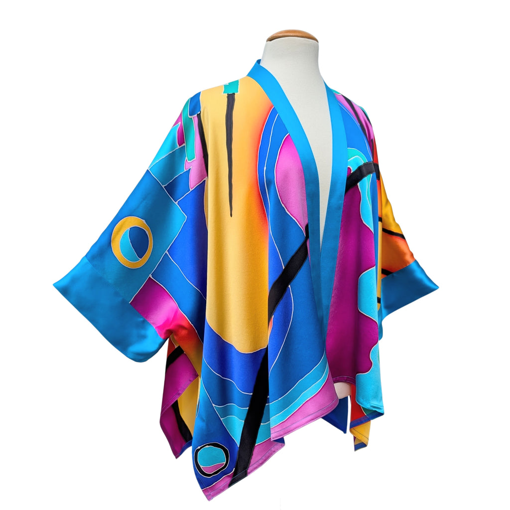 Hand painted pure silk Absrtact colorful Kimono handmade by Lynne Kiel made in Canada