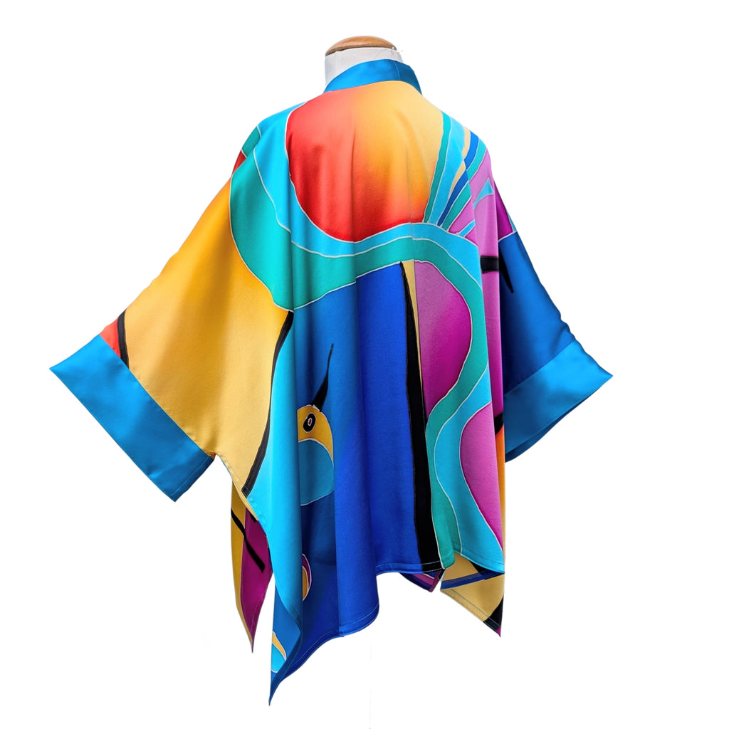 Pure silk colourful Kimono hand painted abstract art one size handmade by Lynne Kiel  Made in Canada