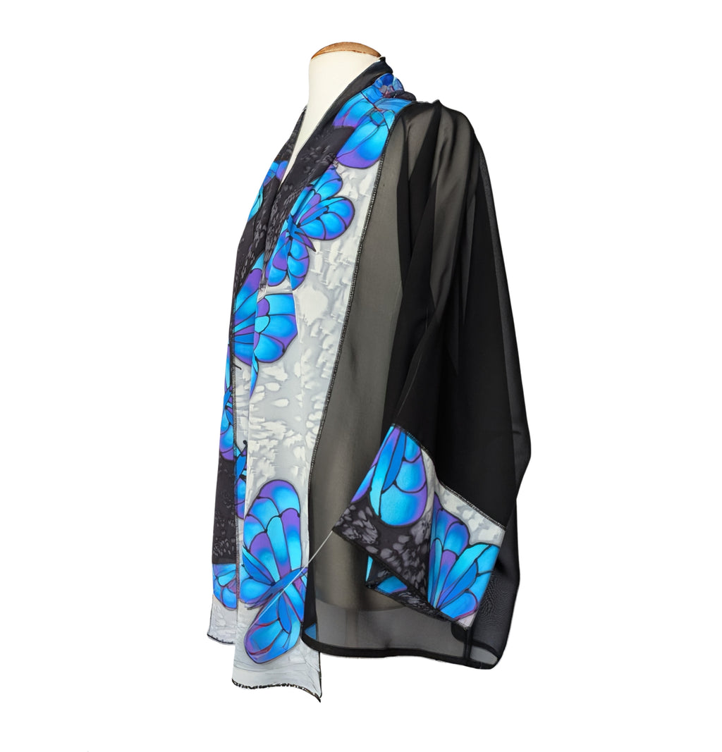 hand painted pure silk butterfly art design blue black colors one size ladies kimono handmade by lynne kiel made in canada