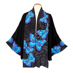 Load image into Gallery viewer, womens one size kimono top handpainted bue butterflies on lack pure silk kimono handmade by Lynne  Kiel made in Canada
