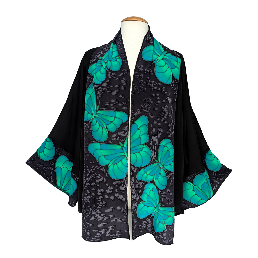 handpainted pure silk kimono one size ladies green butterfly art design 