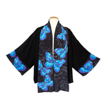 Load image into Gallery viewer, hand painted silk blue butterfly art design one size kimono black silk handmade by Lynne Kiel made in Canada
