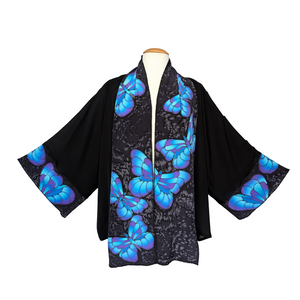 hand painted silk blue butterfly art design one size kimono black silk handmade by Lynne Kiel made in Canada