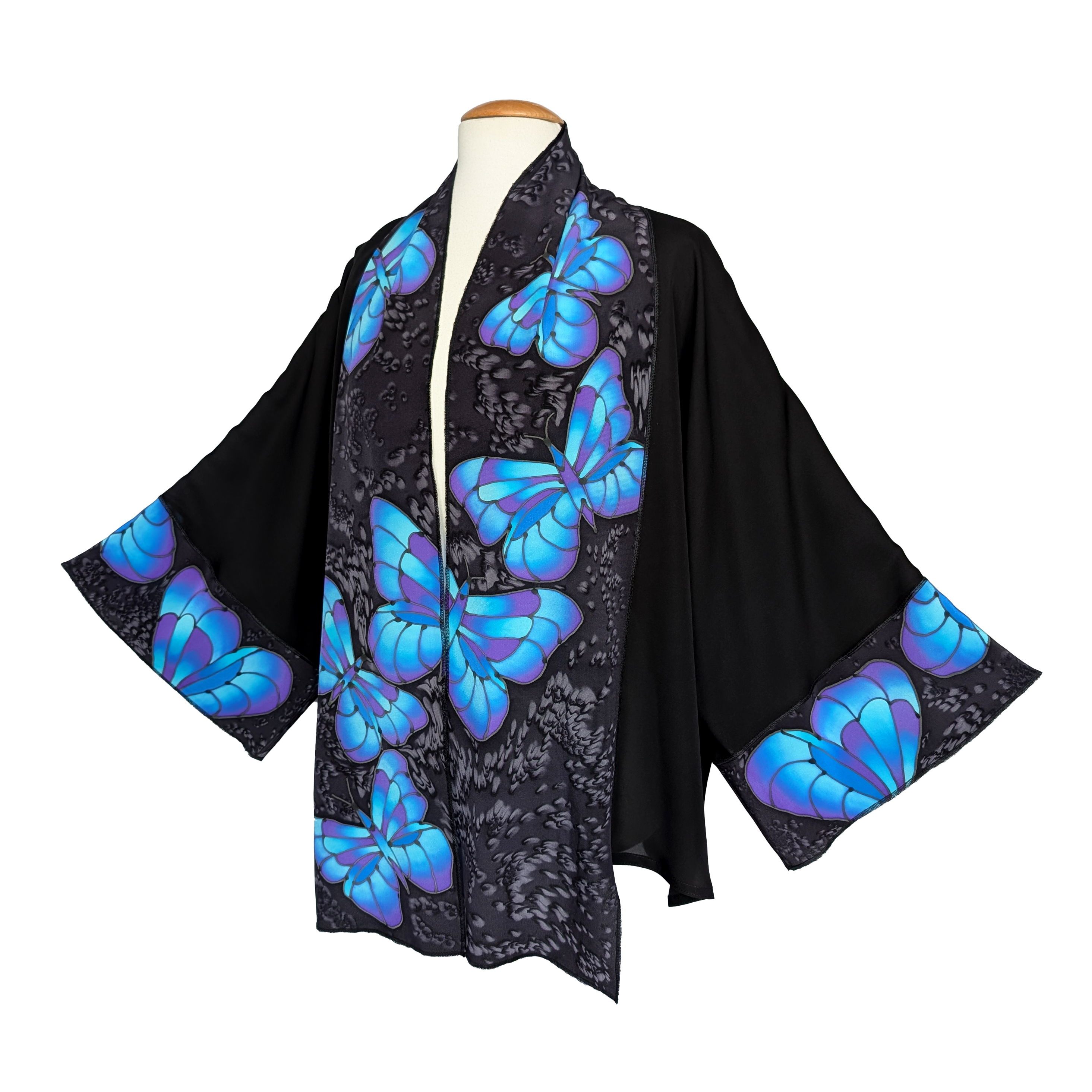 blue butterflies hand painted art design on pure silk black kimono one size womens top handmade by Lynne Kiel made in Canada