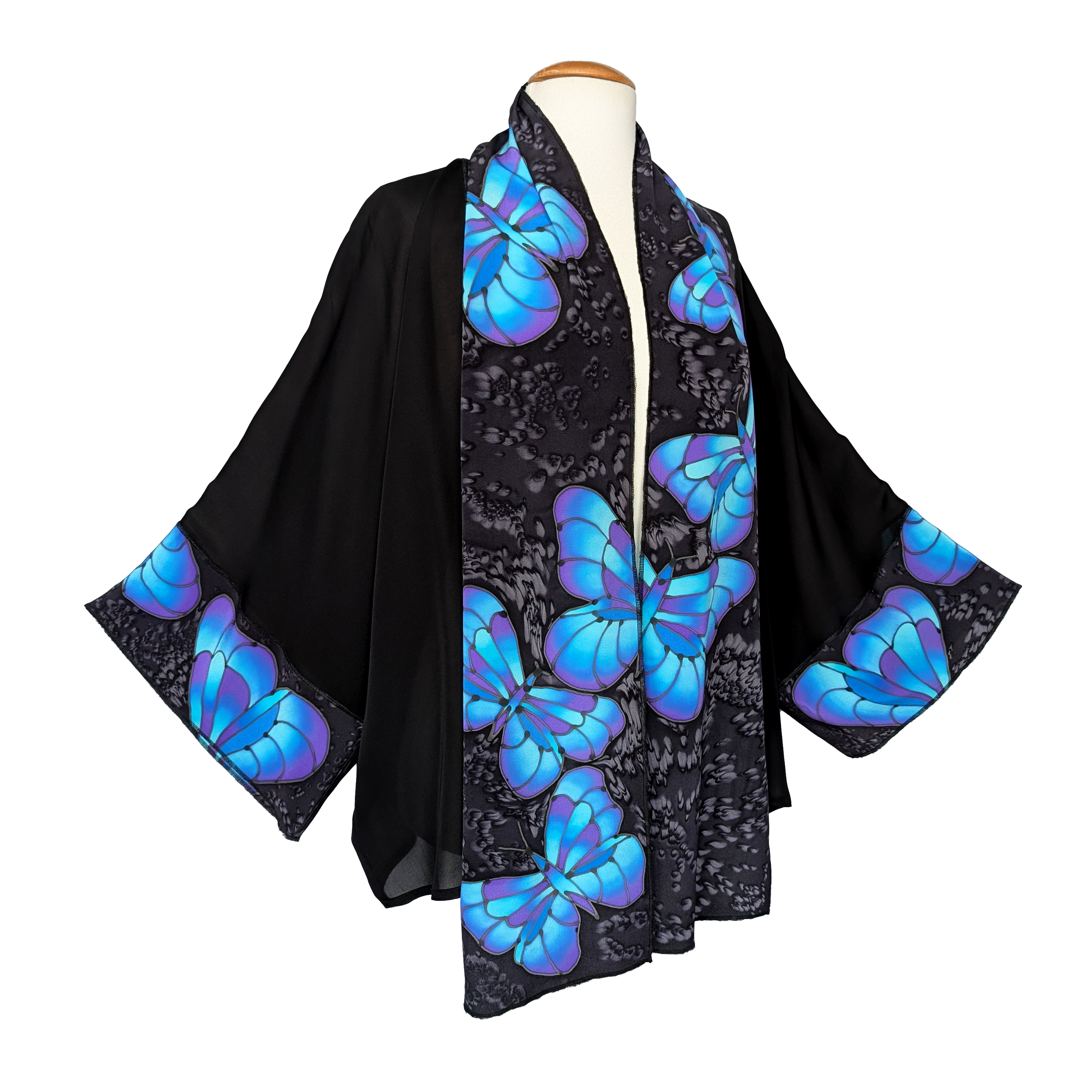 one size ladies kimono pure silk hand painted blue butterfly art design black top handmade by Lynne Kiel made in Canada