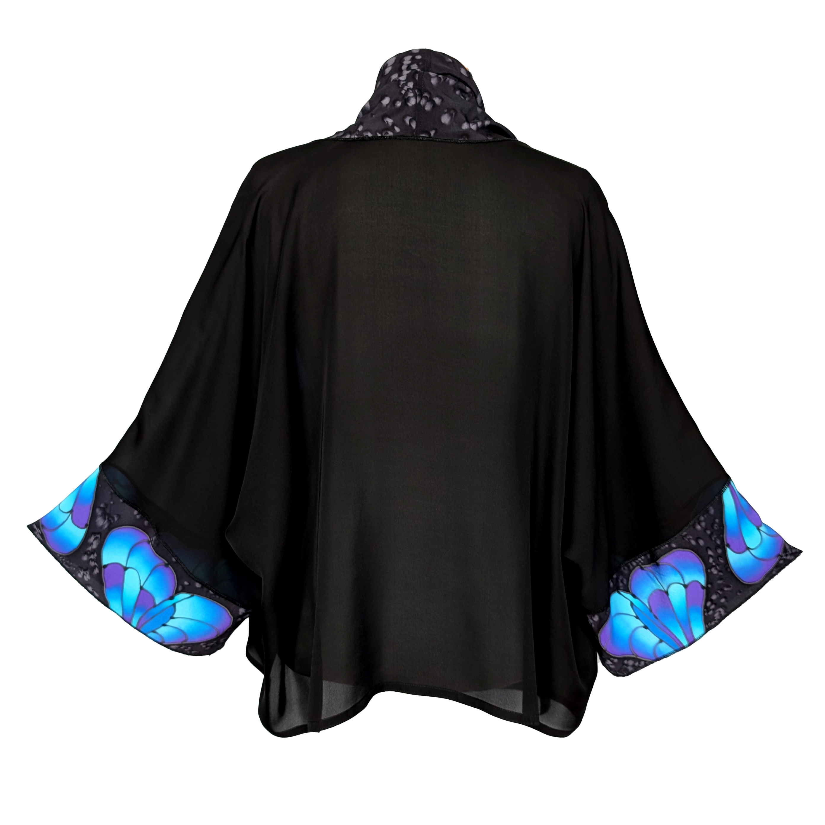 pure silk black sheer kimono one zise ladies top hand painted blue butterfly art design handmade by Lynne Kiel made in Canada