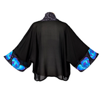 Load image into Gallery viewer, pure silk black sheer kimono hand painted blue butterfly art design handmade by Lynne Kiel made in Canada
