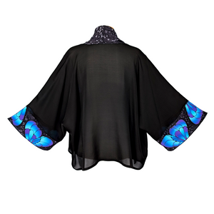 pure silk black sheer kimono hand painted blue butterfly art design handmade by Lynne Kiel made in Canada