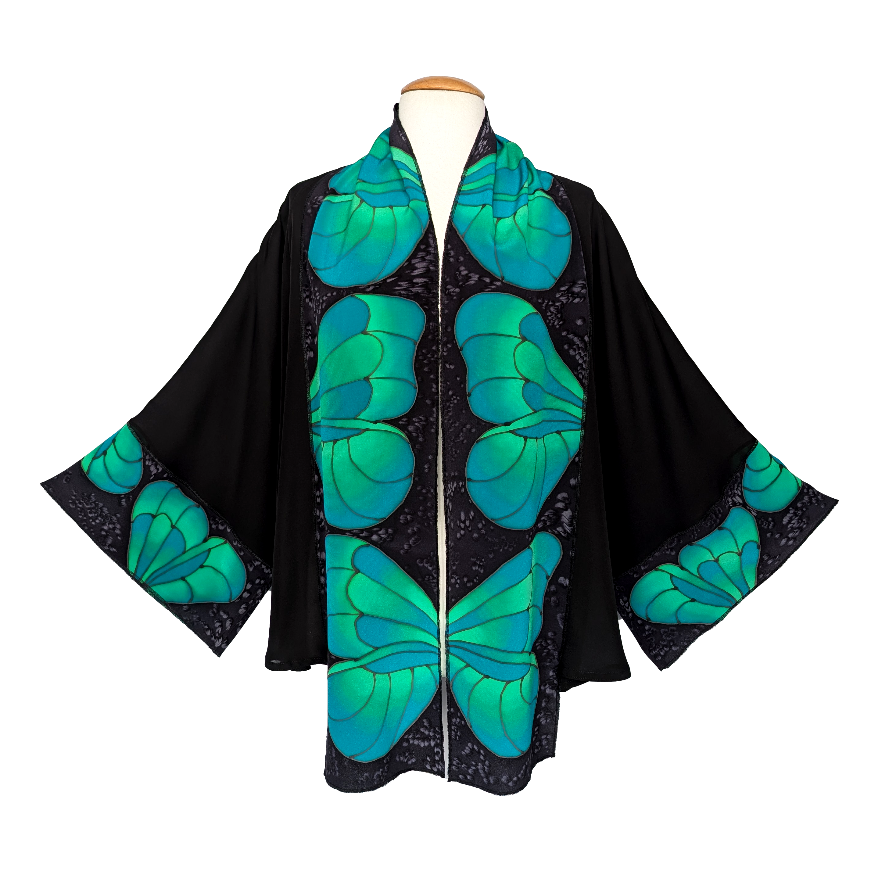 hand painted silk green butterfly sheer black kimono one size womens top handmade by Lynne Kiel made in Canada