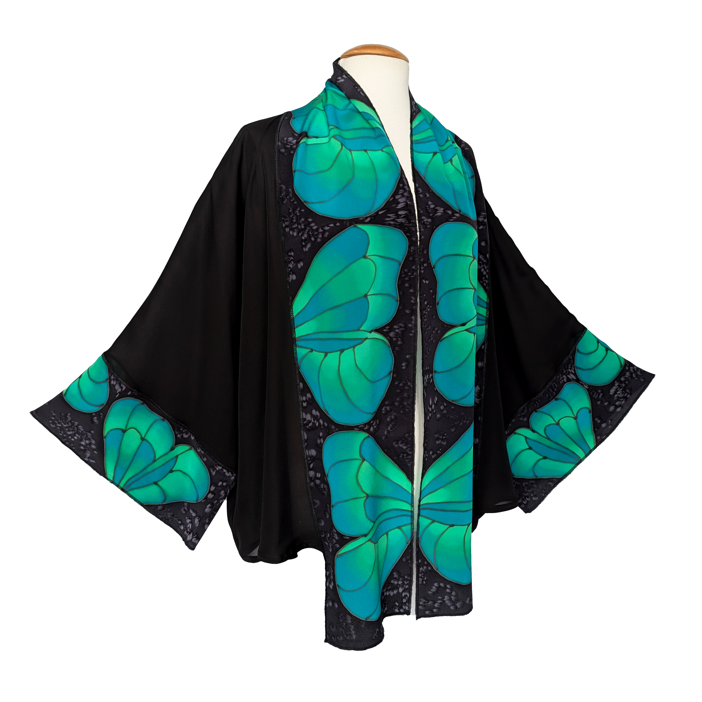 pure silk sheer silk kimono one size womens top handpainted green butterfly art design handmade by Lynne Kiel made in Canada