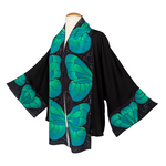 Load image into Gallery viewer, womens one size kimono top hand painted pure silk green butterfly art design handmade by Lynne Kiel made in Canada
