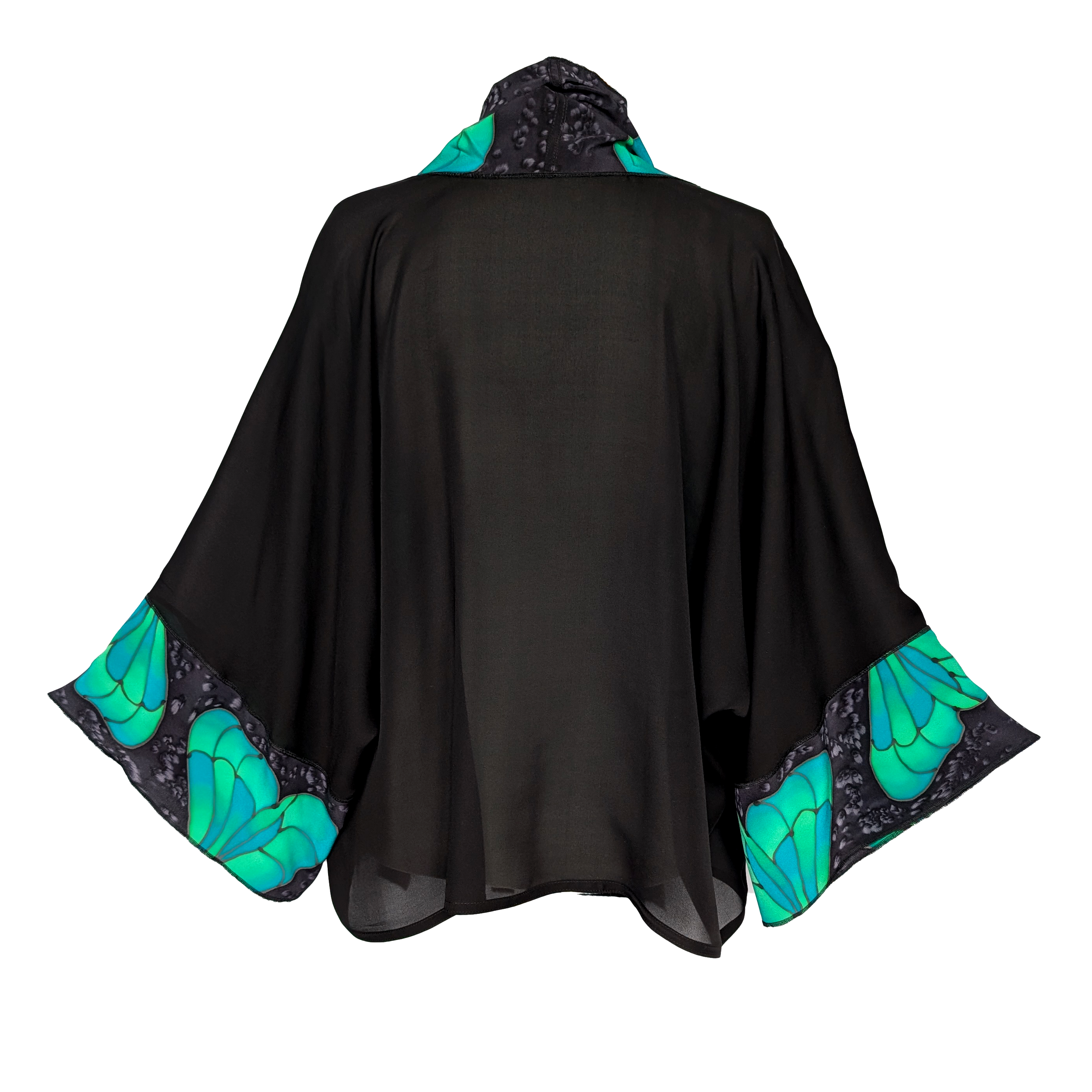 one size womens top hand painted pure silk green butterfly art design black kimono handmade by Lynne Kiel made in Canada