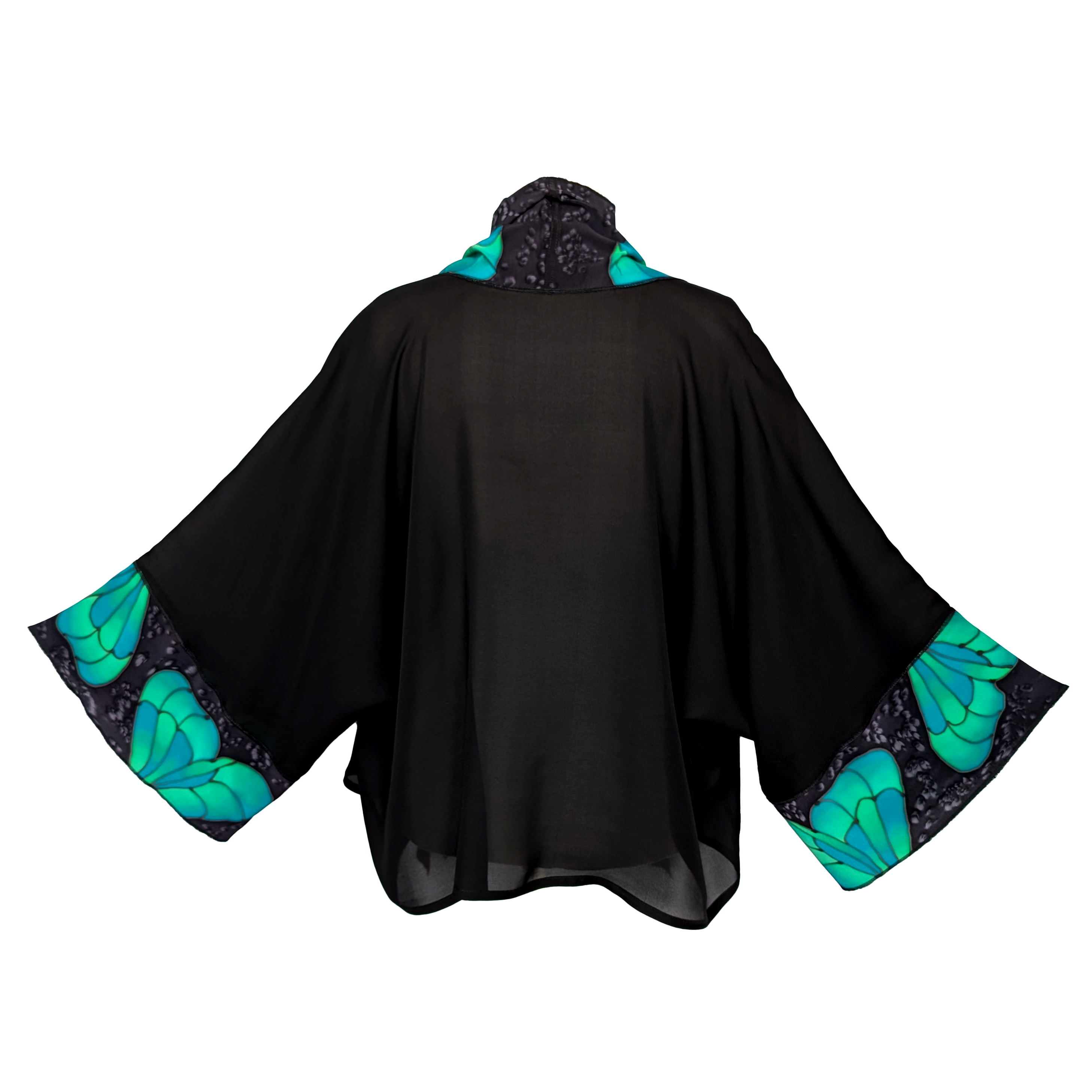 sheer black sik kimono handpainted green butterfly art design one size womens top handmade by Lynne Kiel made in Canada