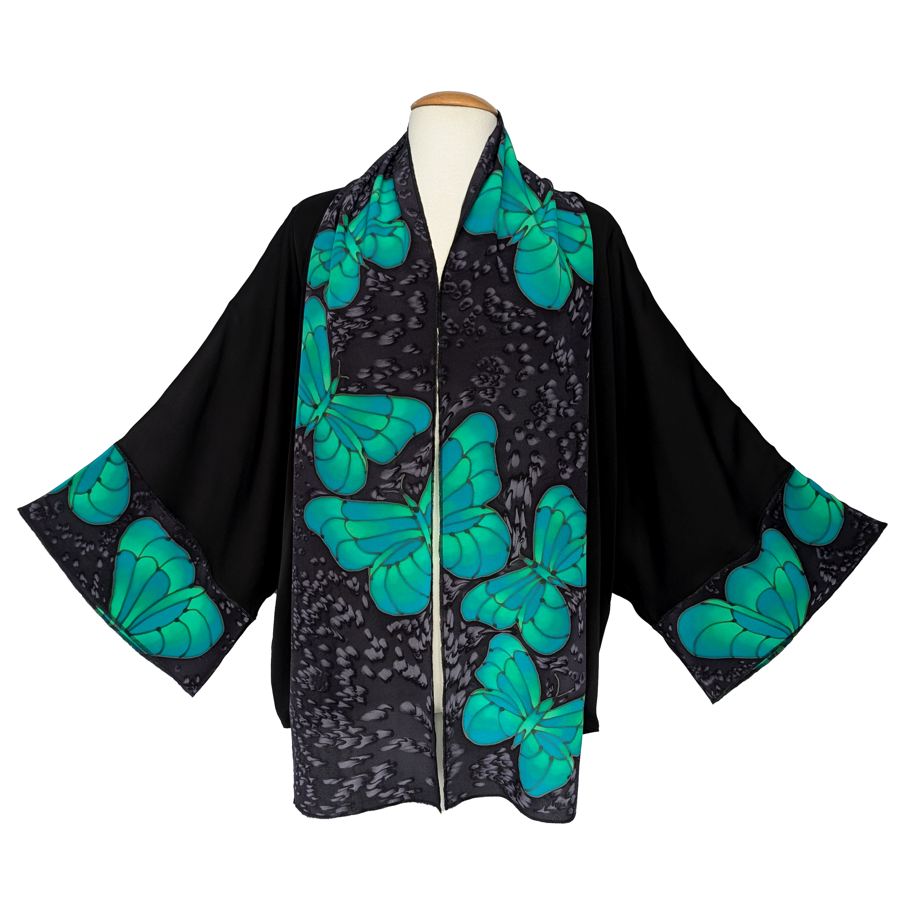 EMERALD GREEN BUTTERFLY KIMONO Hand Painted PURE SILK One Size