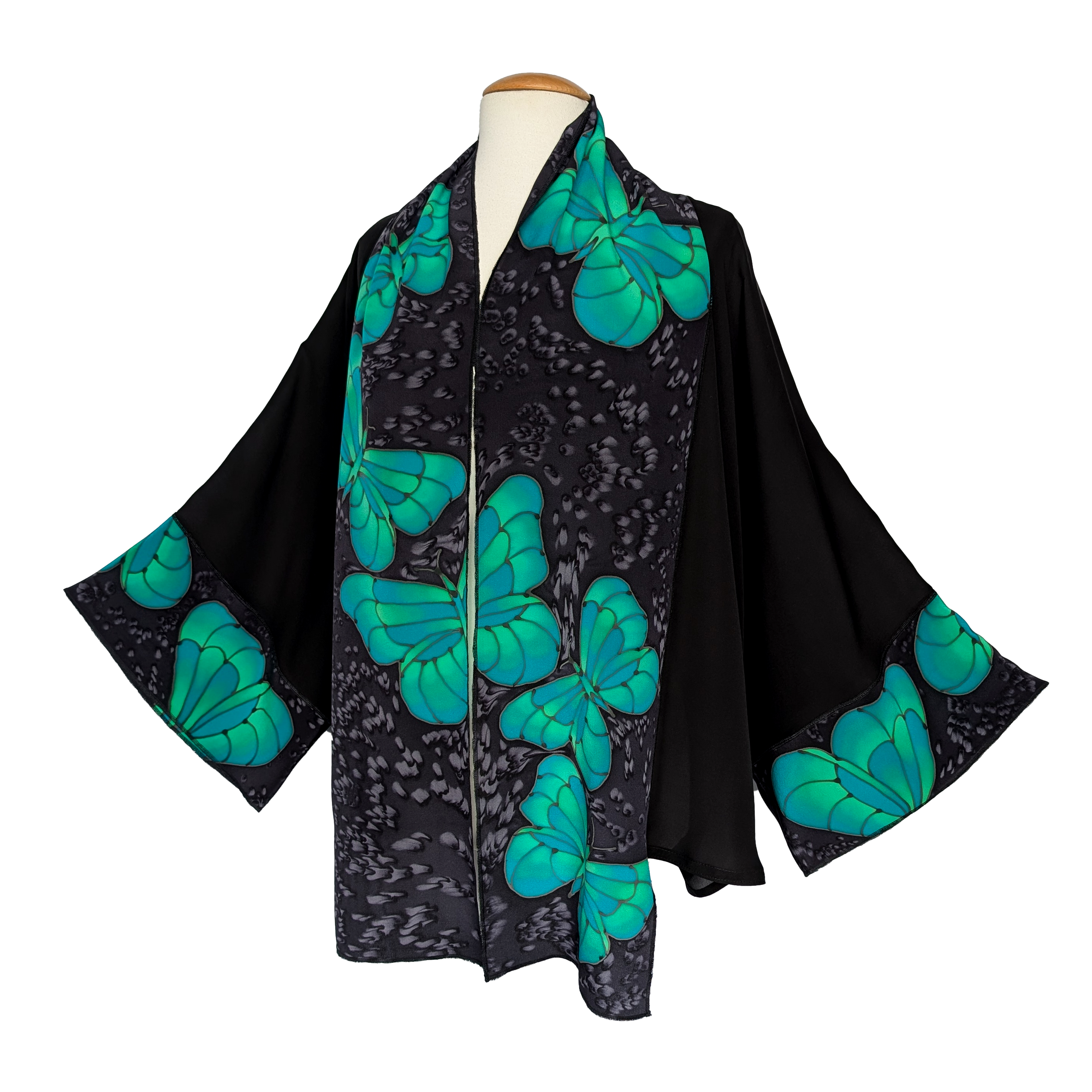 ladies pure silk kimono one size handpainted green butterfly art black silk handmade in Canada