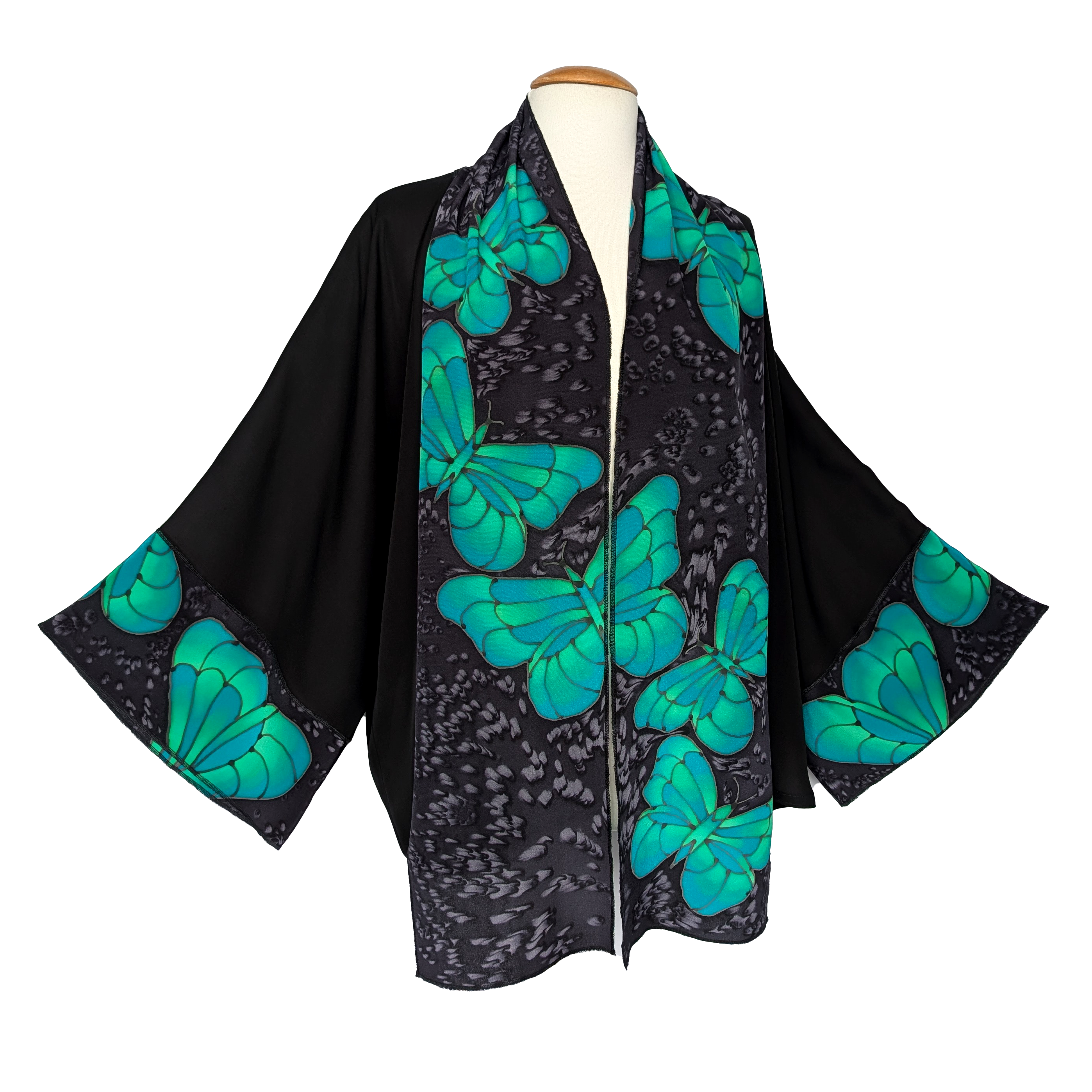 Black sheer pure silk kimono one size handpainted green butterfly art handmade in Canada by Lynne Kiel