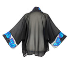 hand painted pure silk black ladies kimono hand painted blue silver butterfly art design handmade by lynne kiel made in canada