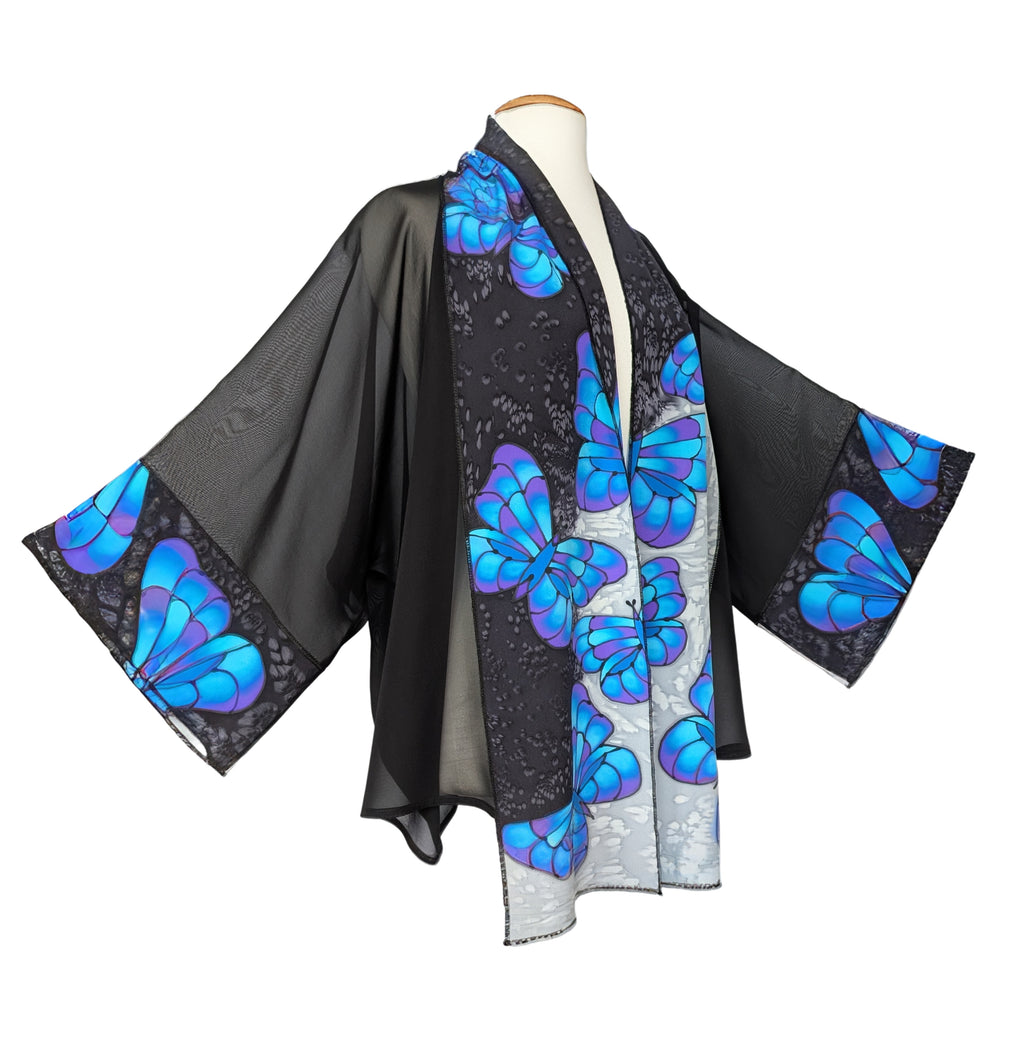 hand painted pure silk ladies kimono blue black butterfly art design made by lynne kiel made in canada