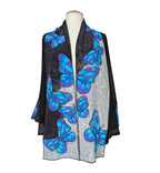 hand pianted blue black silver butterfly art design pure silk ladies kimono one size handmade by Lynne Kiel made in canada