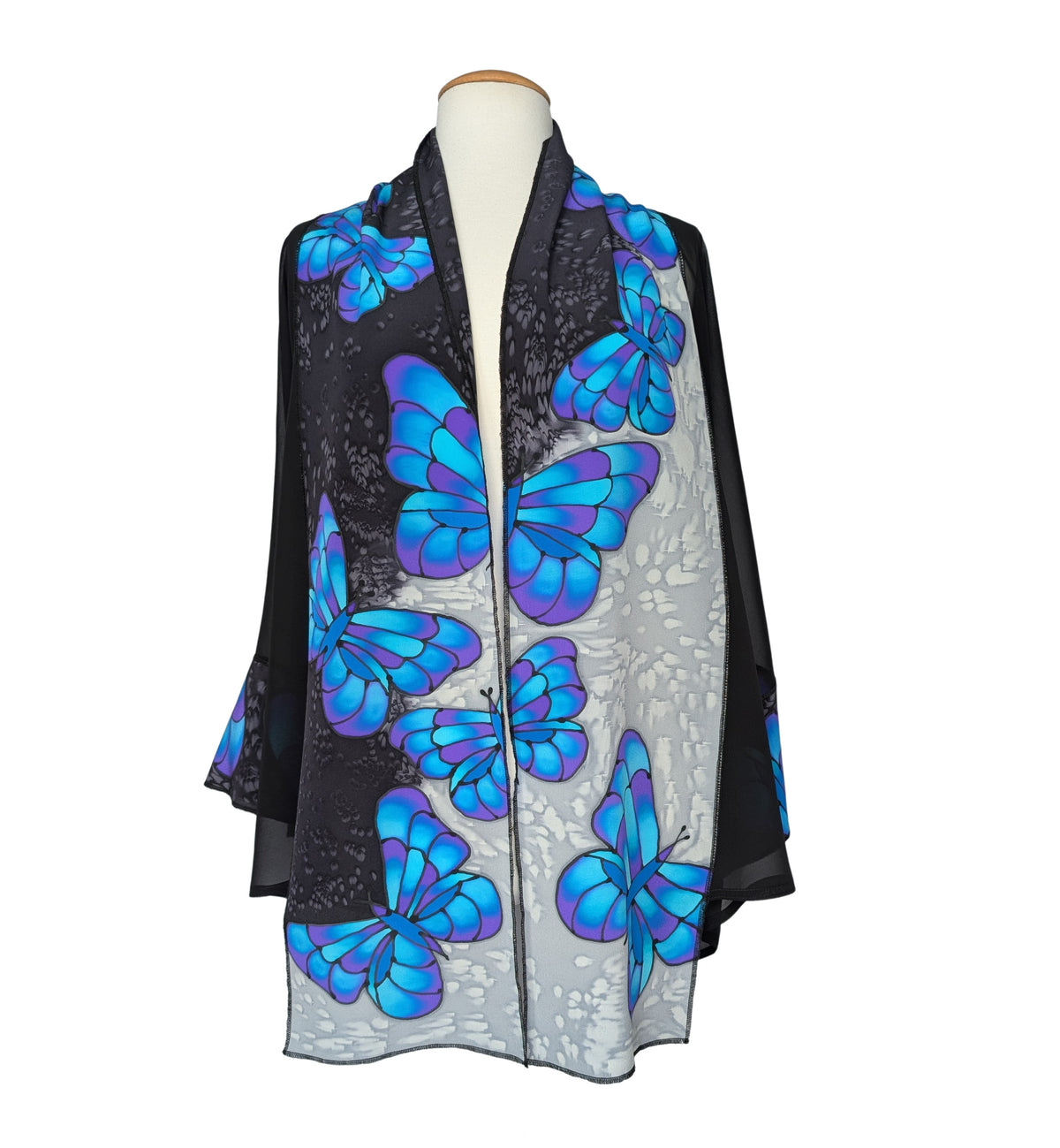 hand pianted blue black silver butterfly art design pure silk ladies kimono one size handmade by Lynne Kiel made in canada