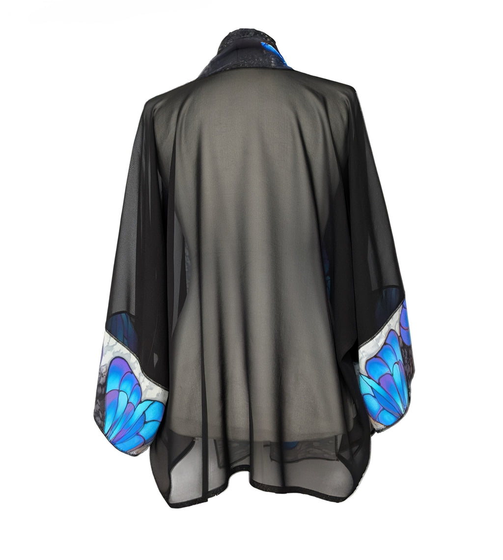 pure silk sheer black ladies kimono hand painted blue butterfly art design  handmade by lynne kiel made in canada