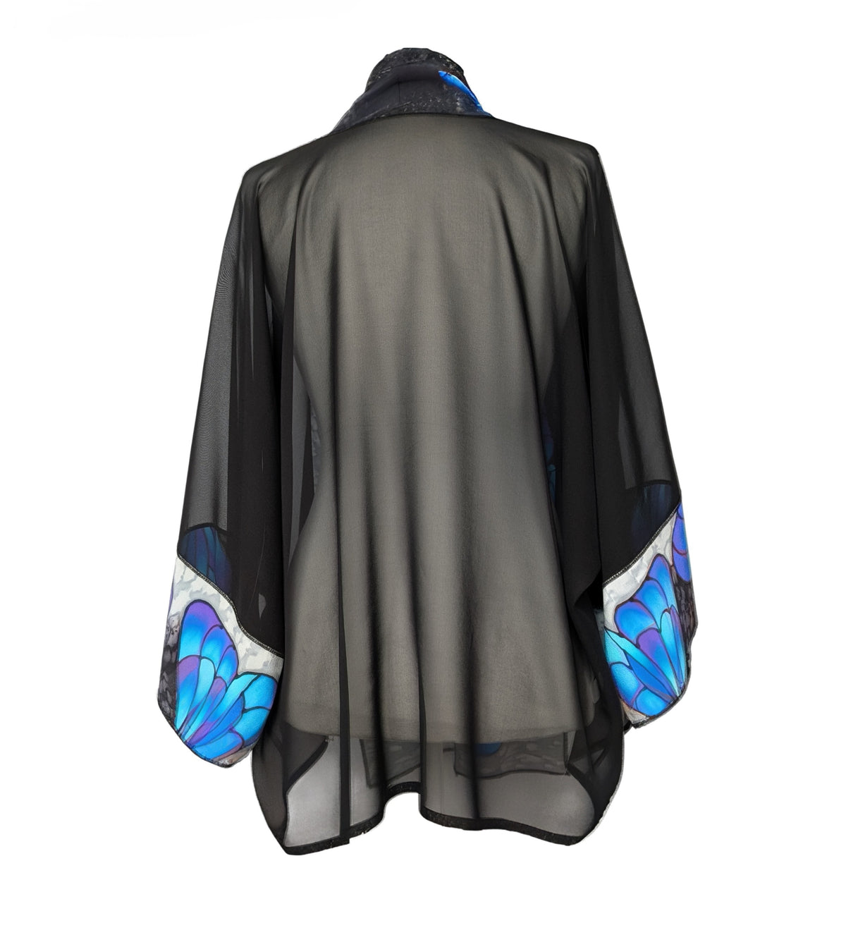 pure silk sheer black ladies kimono hand painted blue butterfly art design  handmade by lynne kiel made in canada