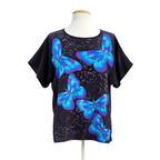 BLUE BLACK BUTTERFLY Hand Painted Silk Luxurious T-TOP Soft Loose Fit