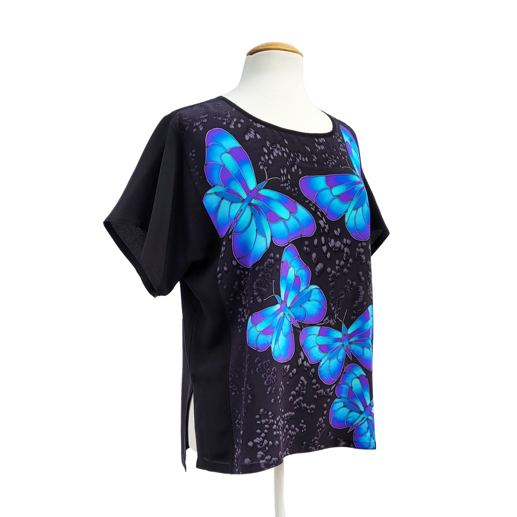 BLUE BLACK BUTTERFLY Hand Painted Silk Luxurious T-TOP Soft Loose Fit