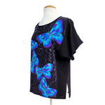 Load image into Gallery viewer, BLUE BLACK BUTTERFLY Hand Painted Silk Luxurious T-TOP Soft Loose Fit
