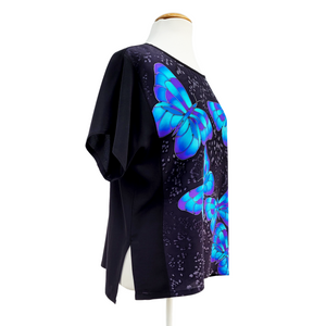 BLUE BLACK BUTTERFLY Hand Painted Silk Luxurious T-TOP Soft Loose Fit