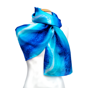 tie dy blue turquoise silk scarf hand painted by Lynne Kiel made in Canada
