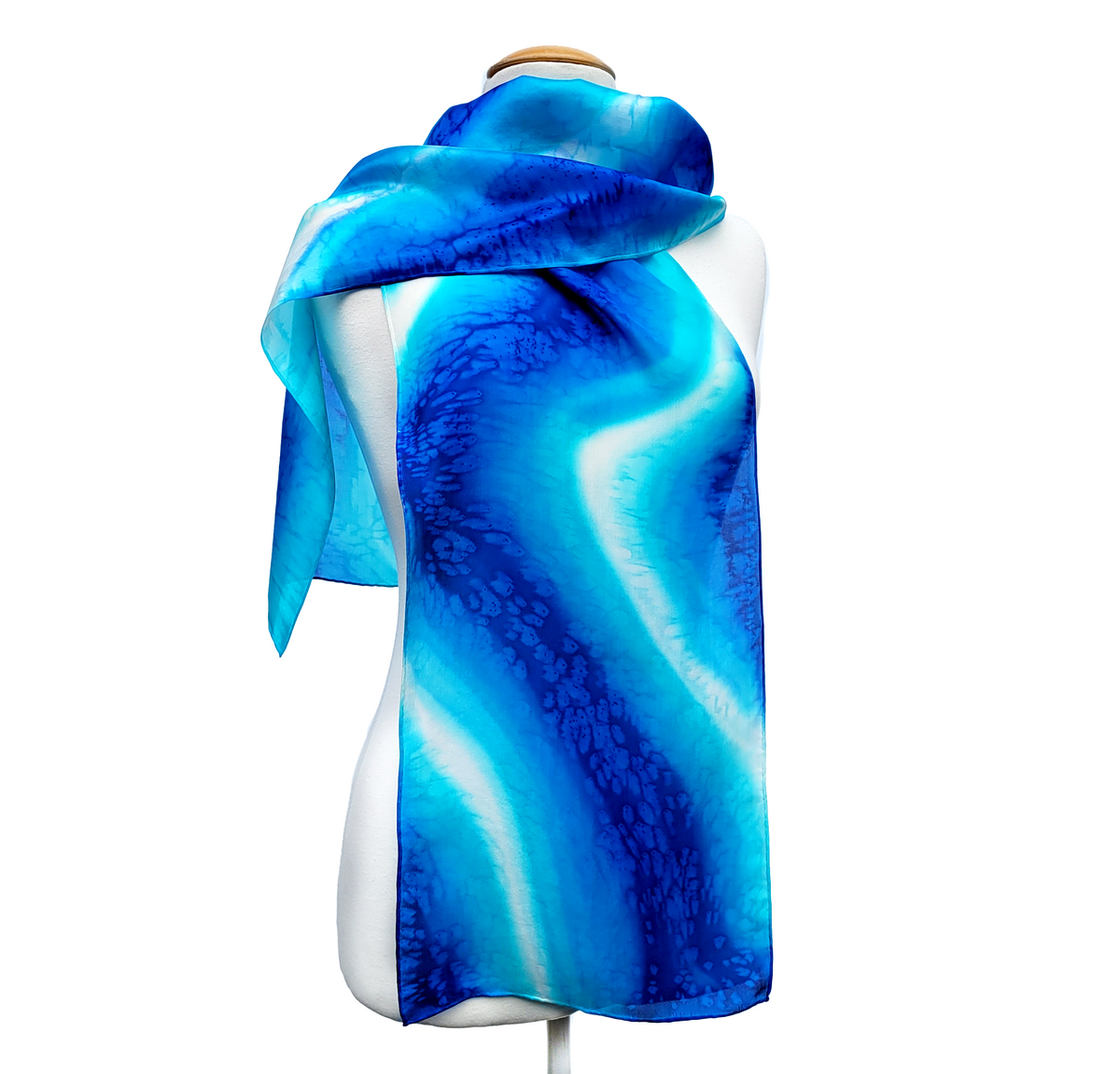 Hand painted pure silk square scarf absrtact blue turquoise royal blue tie dye silk scarf handmade by Lynne Kiel made in Canada
