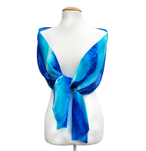 blue turquoise long silk scarf hand painted by Lynne Kiel Made in Canada