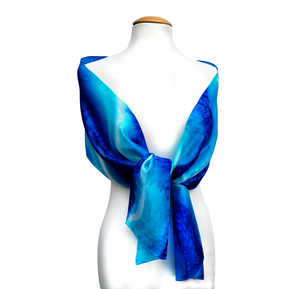 long silk scarf hand painted abstract blue turquoise color handmade by Lynne Kiel