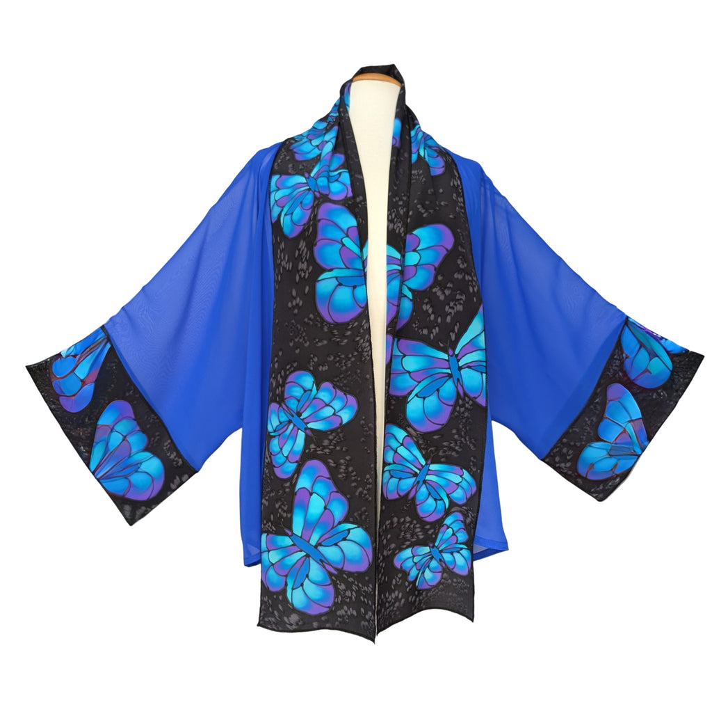 Brilliant Blue BUTTERFLIES Painted Silk Sheer ROYAL BLUE KIMONO One Size