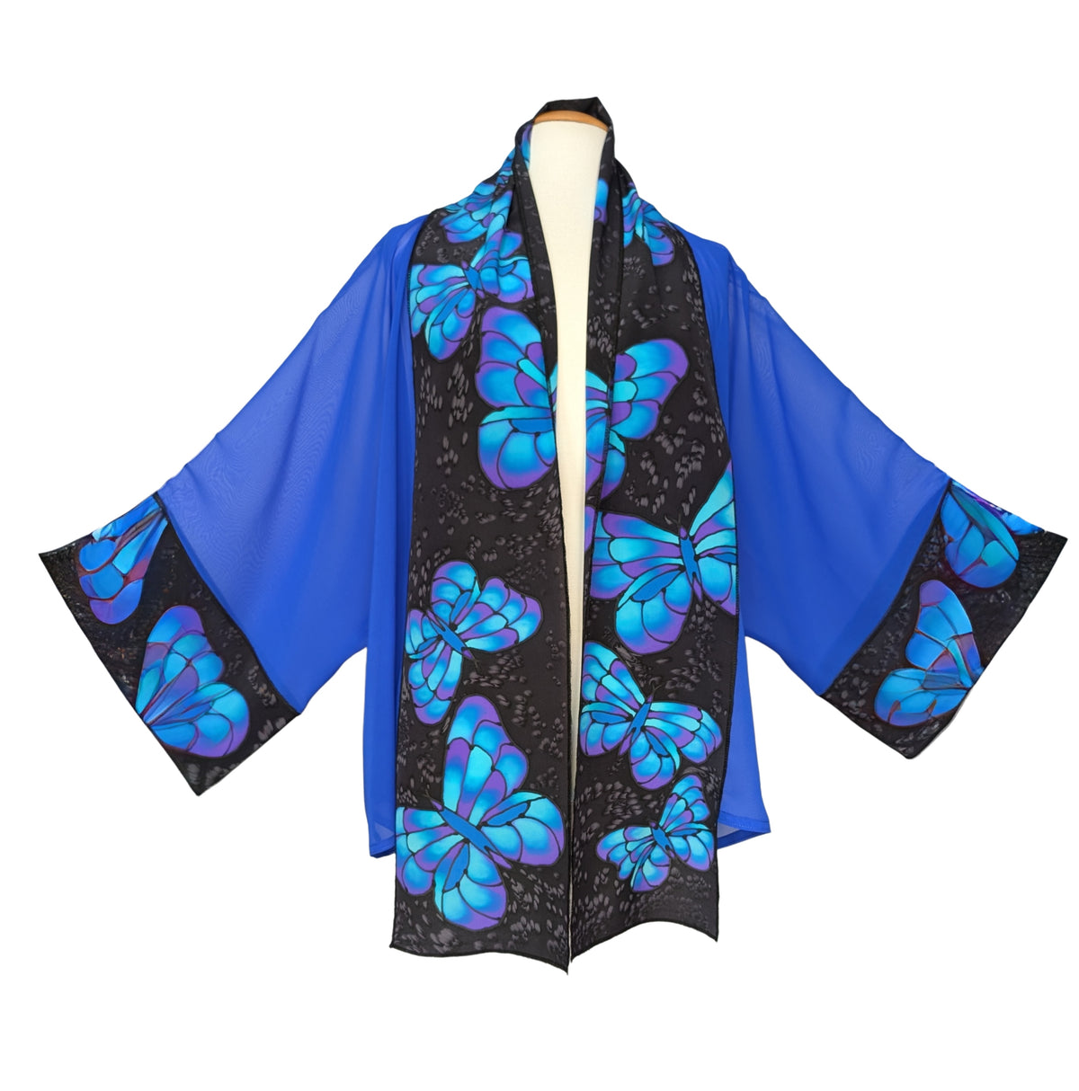 Brilliant Blue BUTTERFLIES Painted Silk Sheer ROYAL BLUE KIMONO One Size