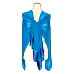 Load image into Gallery viewer, turquoise blue one size pure silk shawl ladies top hand painted blue abstract tie dye art image handmade by Lynne Kiel made in Canada
