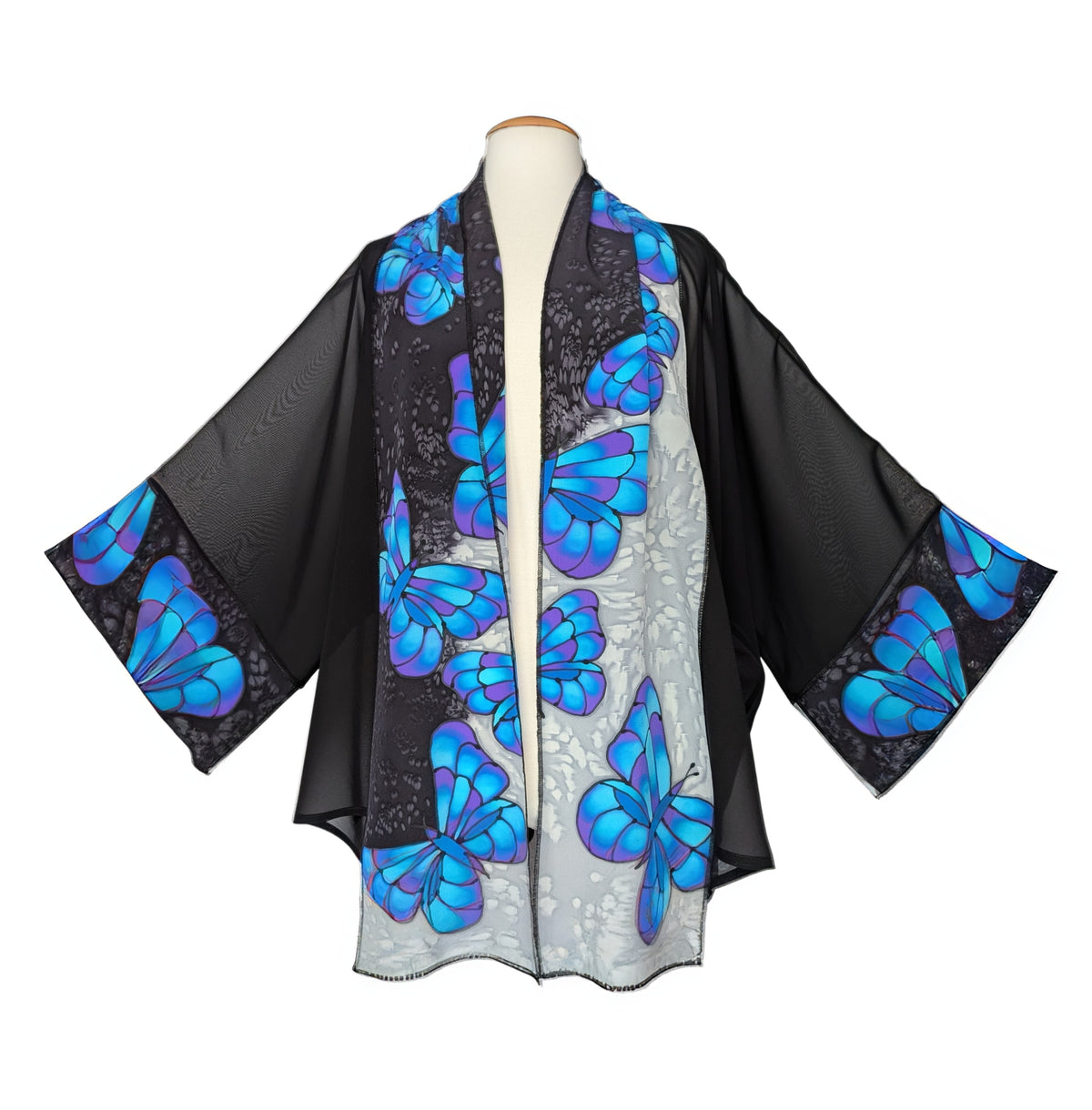 PURE SILK BLACK BLUE hand painted butterfly art design sheer ladies kimono top handmade by Lynne Kiel made in Canada